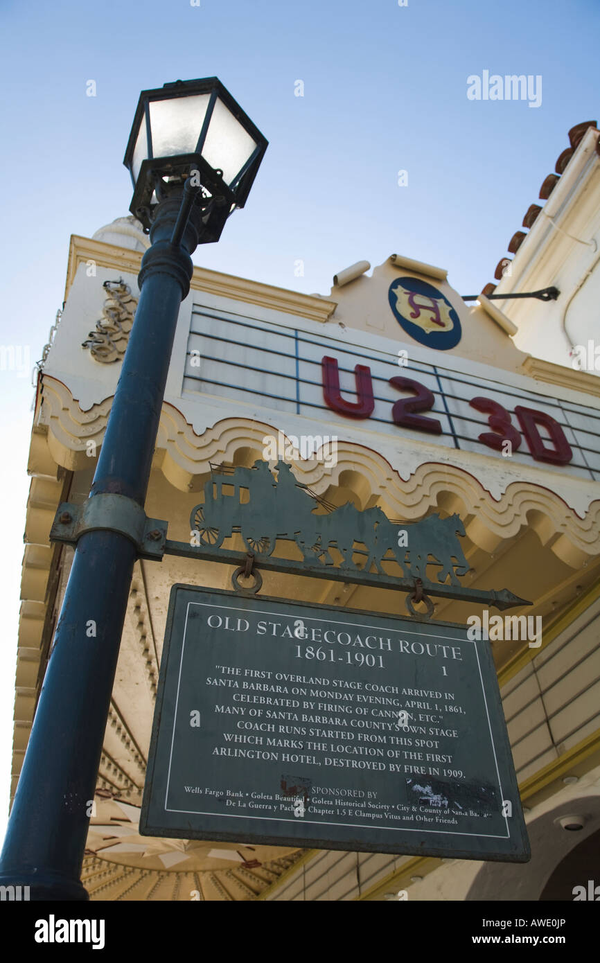 CALIFORNIA Santa Barbara Arlington Theater building marquee lamp post  historic marker for stage coach route on State Street Stock Photo - Alamy