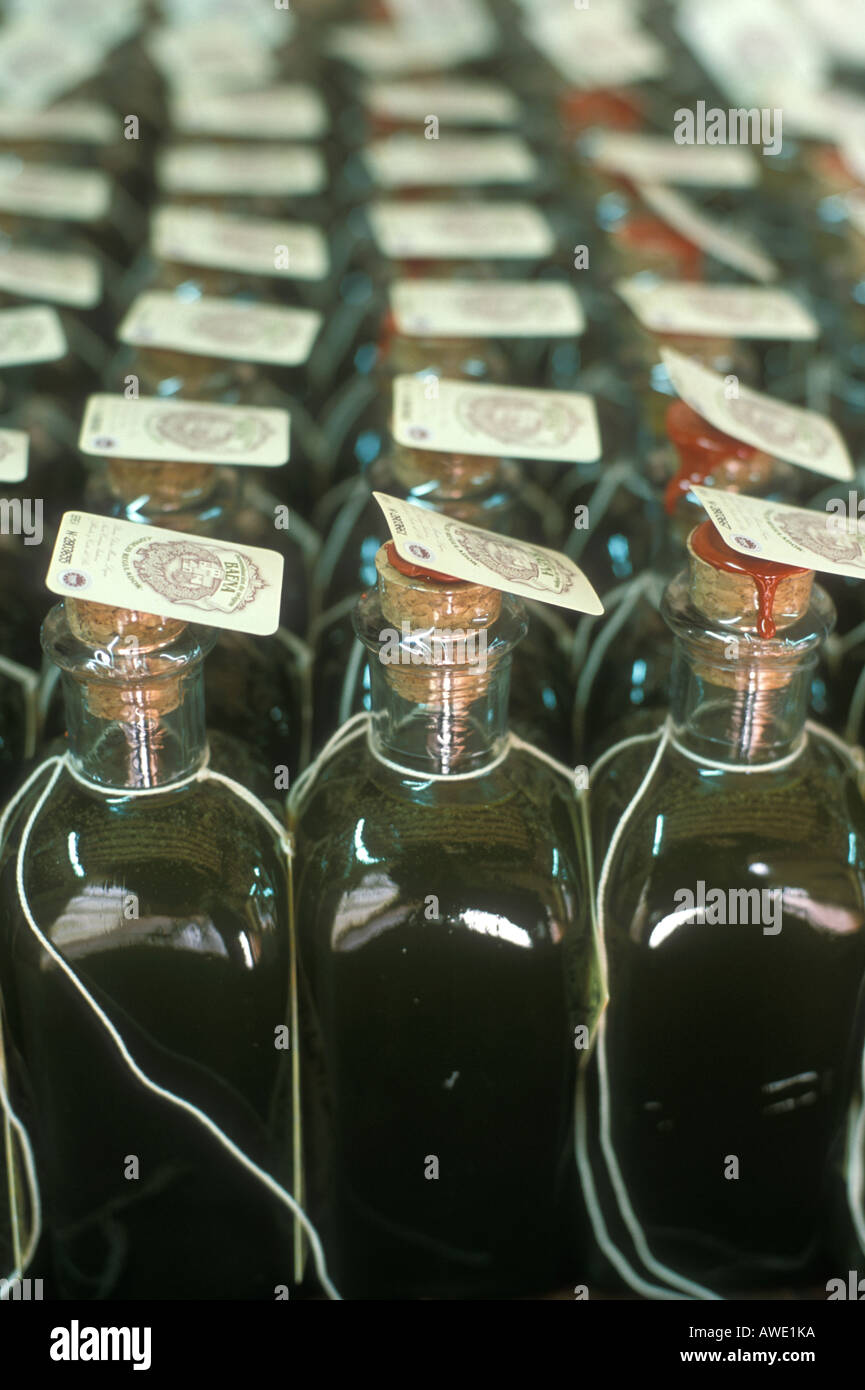 Olive oil bottles await labels at the Nunez de Prado olive oil factory