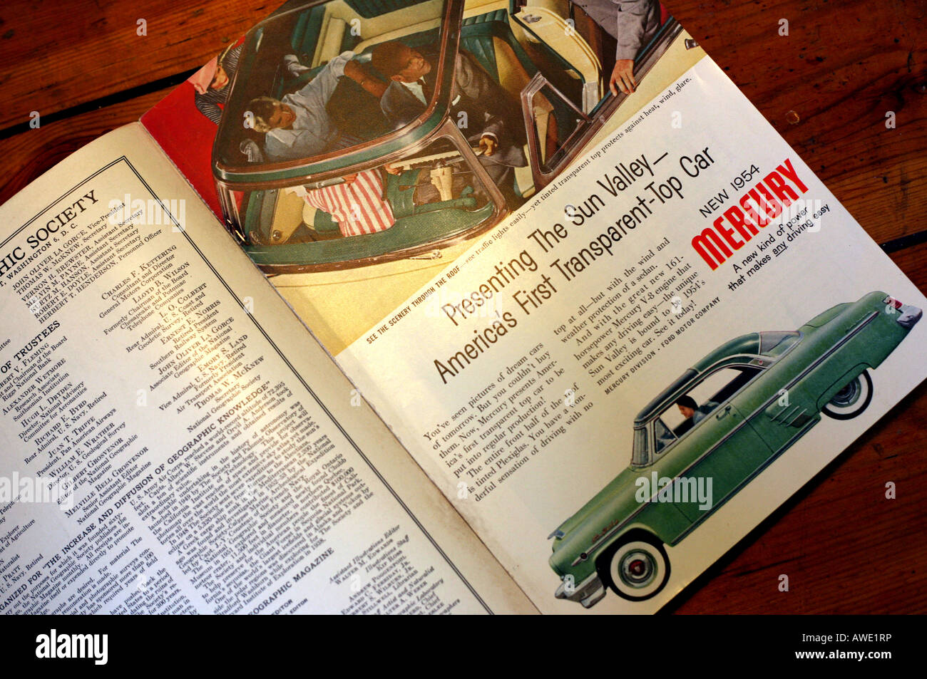 Car advertisement in 1950s National Geographic magazine; EDITORIAL USE ONLY Stock Photo