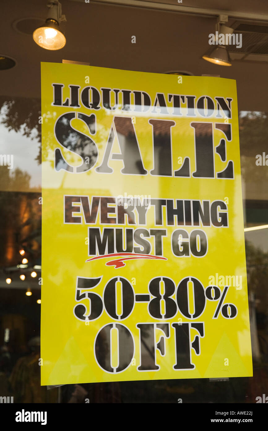 CALIFORNIA Santa Barbara Liquidation sale everything must go sign in retail store window 50 to 80 percent discount Stock Photo