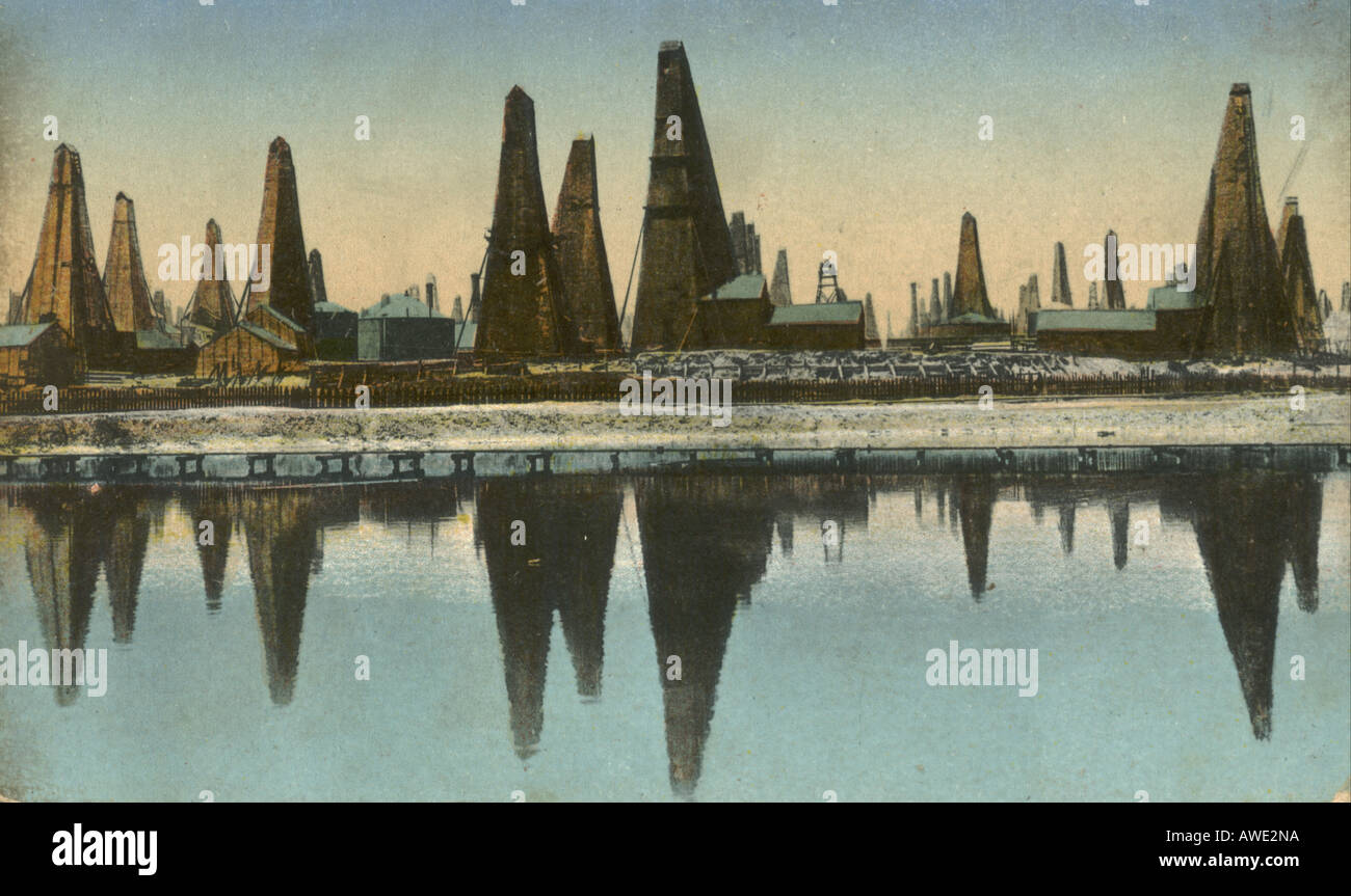 Russian picture postcard of oilwells at Baku circa 1905 Stock Photo