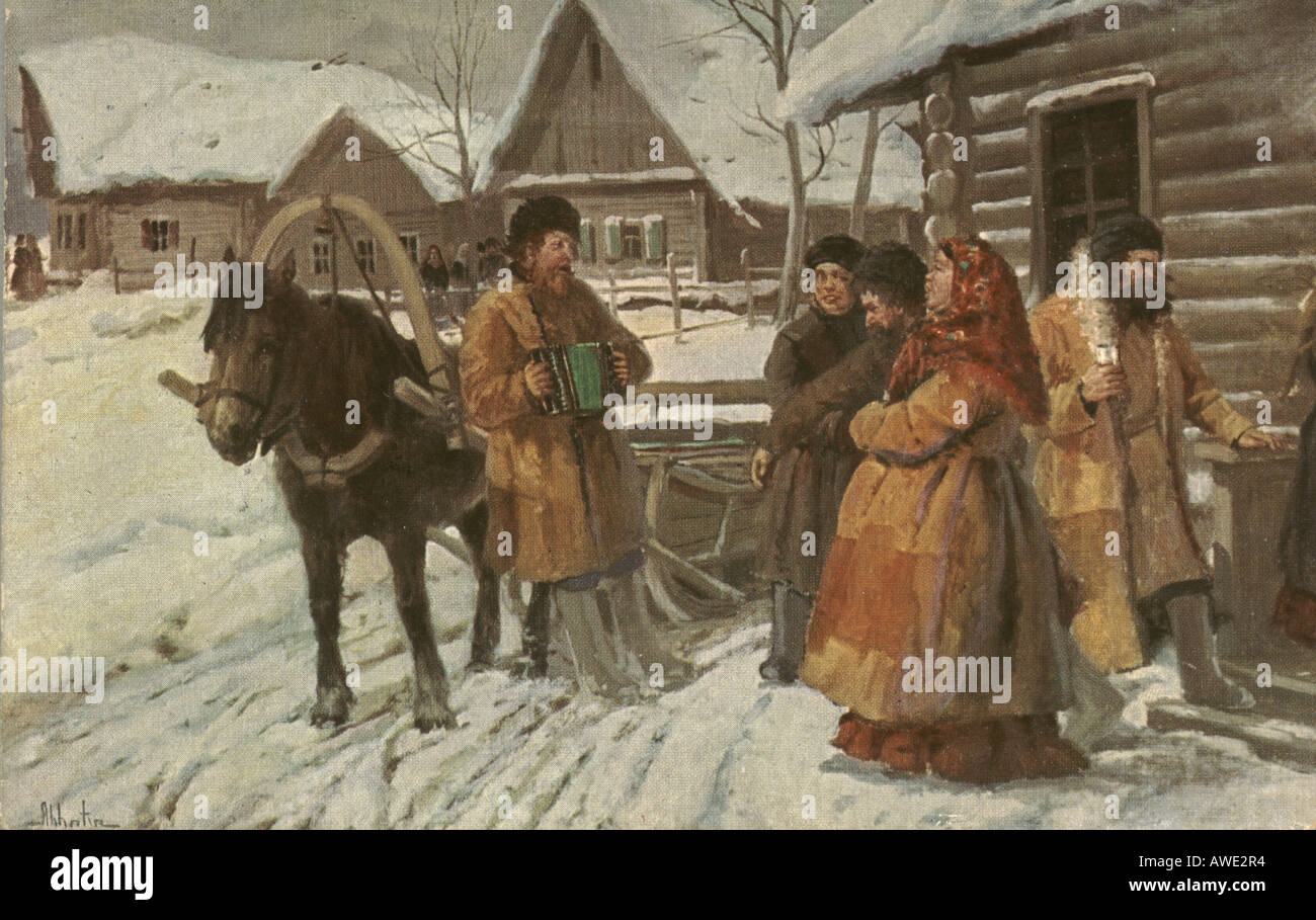 Russian postcard titled Birthday Greeting circa 1910 Stock Photo