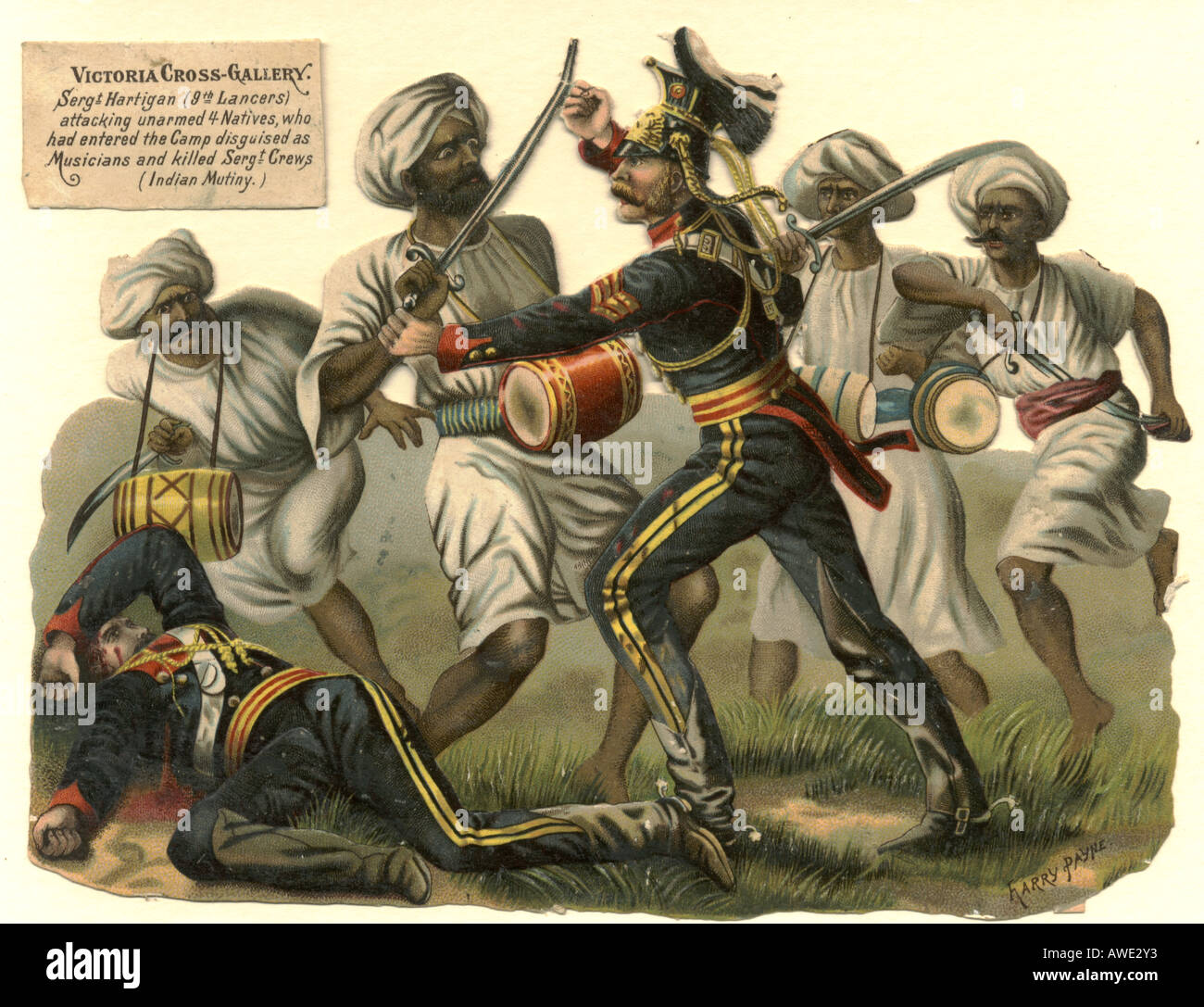 Chromolithographed diecut scrap of Sergeant Hartigan winning the Victoria Cross in Indian Mutiny 1857 by artist Harry Payne Stock Photo