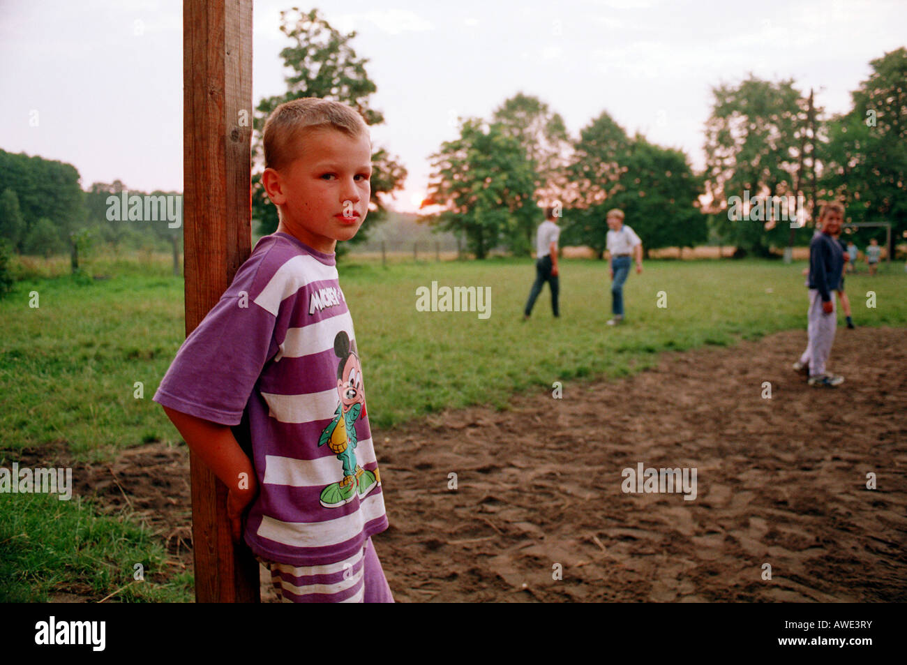 Portrait of a local boy an a football ground, Centawa, Poland Stock Photo