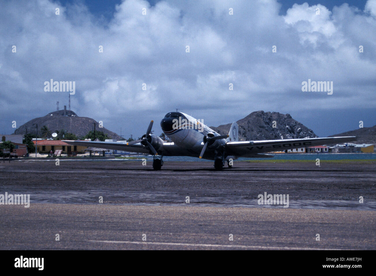 Refurbished Douglas DC-3 aircraft on the ground at the airport on Gran Roque island, Archipielago Los Roques, Venezuela, South America Stock Photo