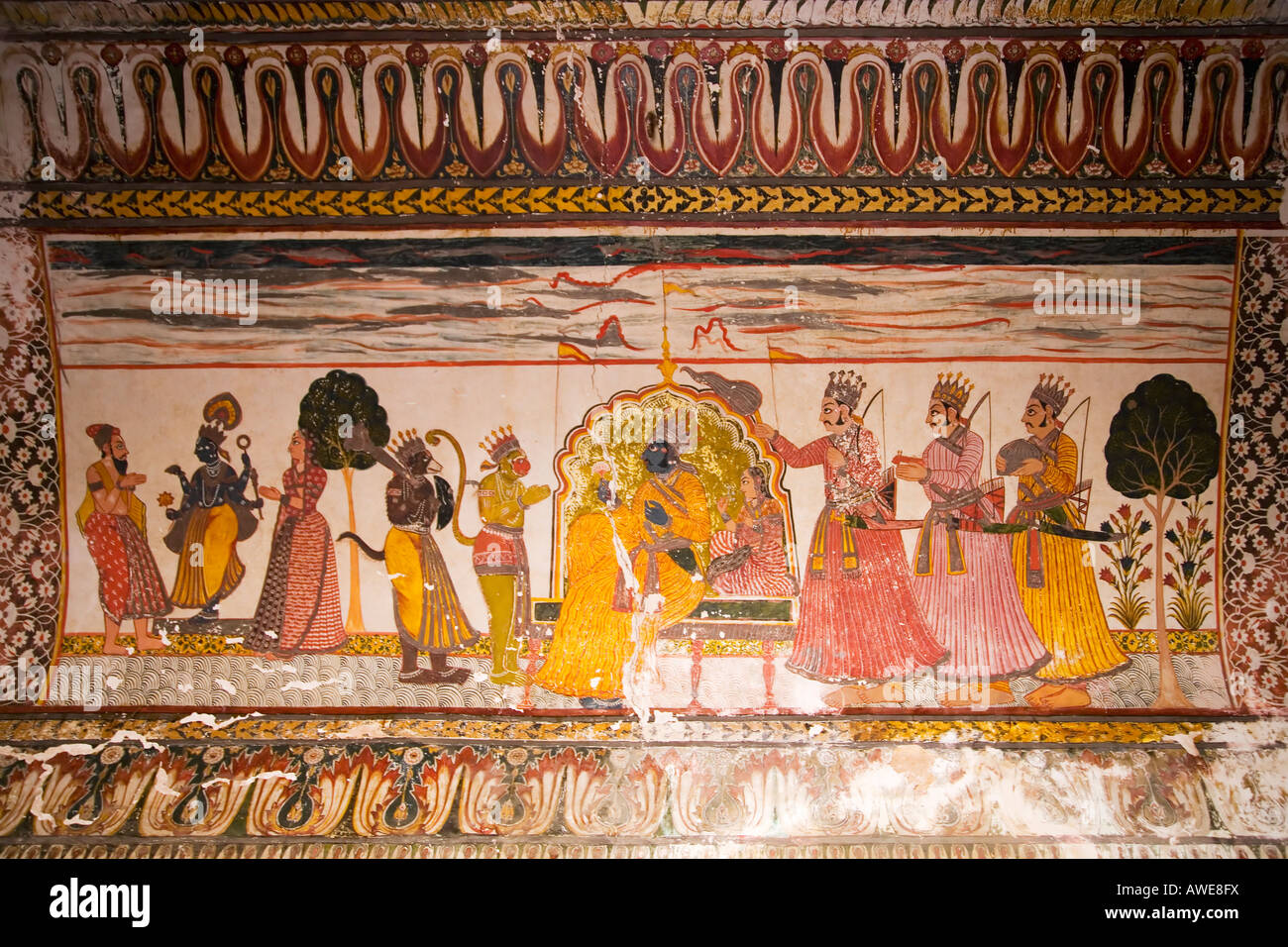 Raj Mahal Palace 16th century murals interior Orchha Madhya Pradesh India Asia Stock Photo