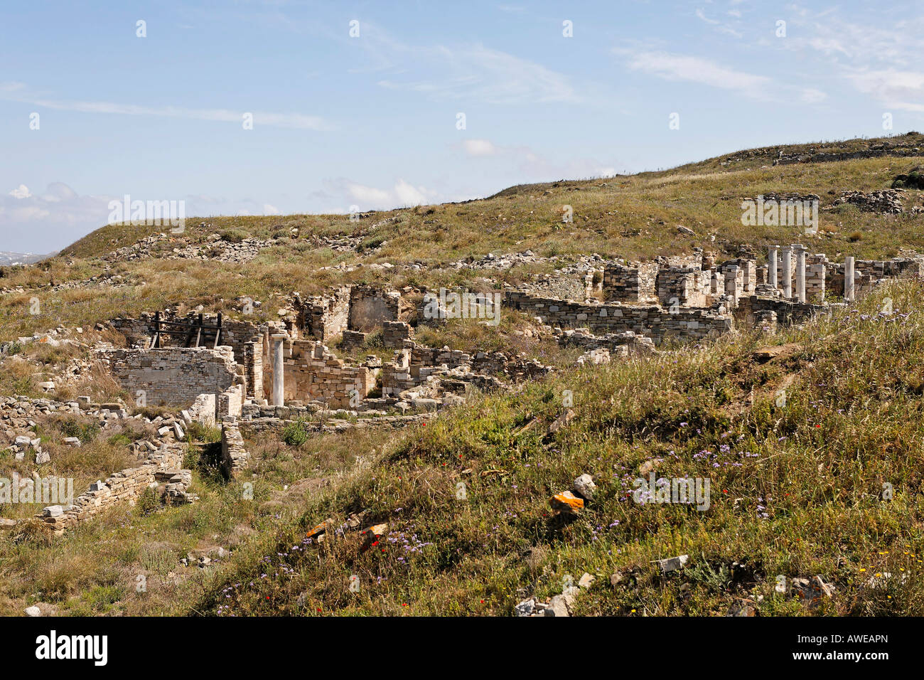 Ruins of houses along the valley of Inopos, Delos, Greece Stock Photo