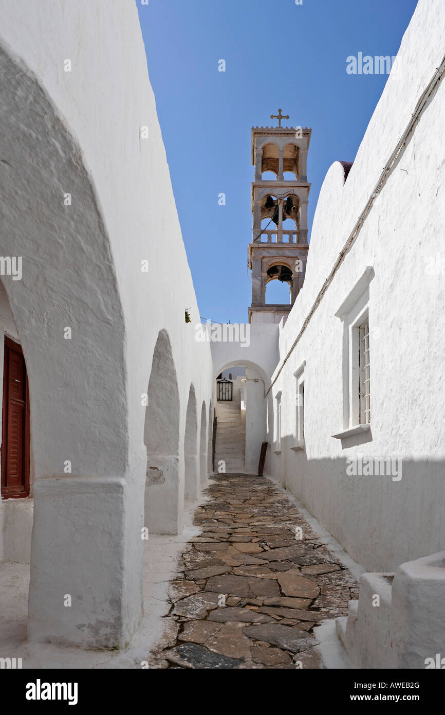 Marble bell tower (19 century) at the Panajia-Tourliani monastery, Ano Mera, Myconos, Greece Stock Photo