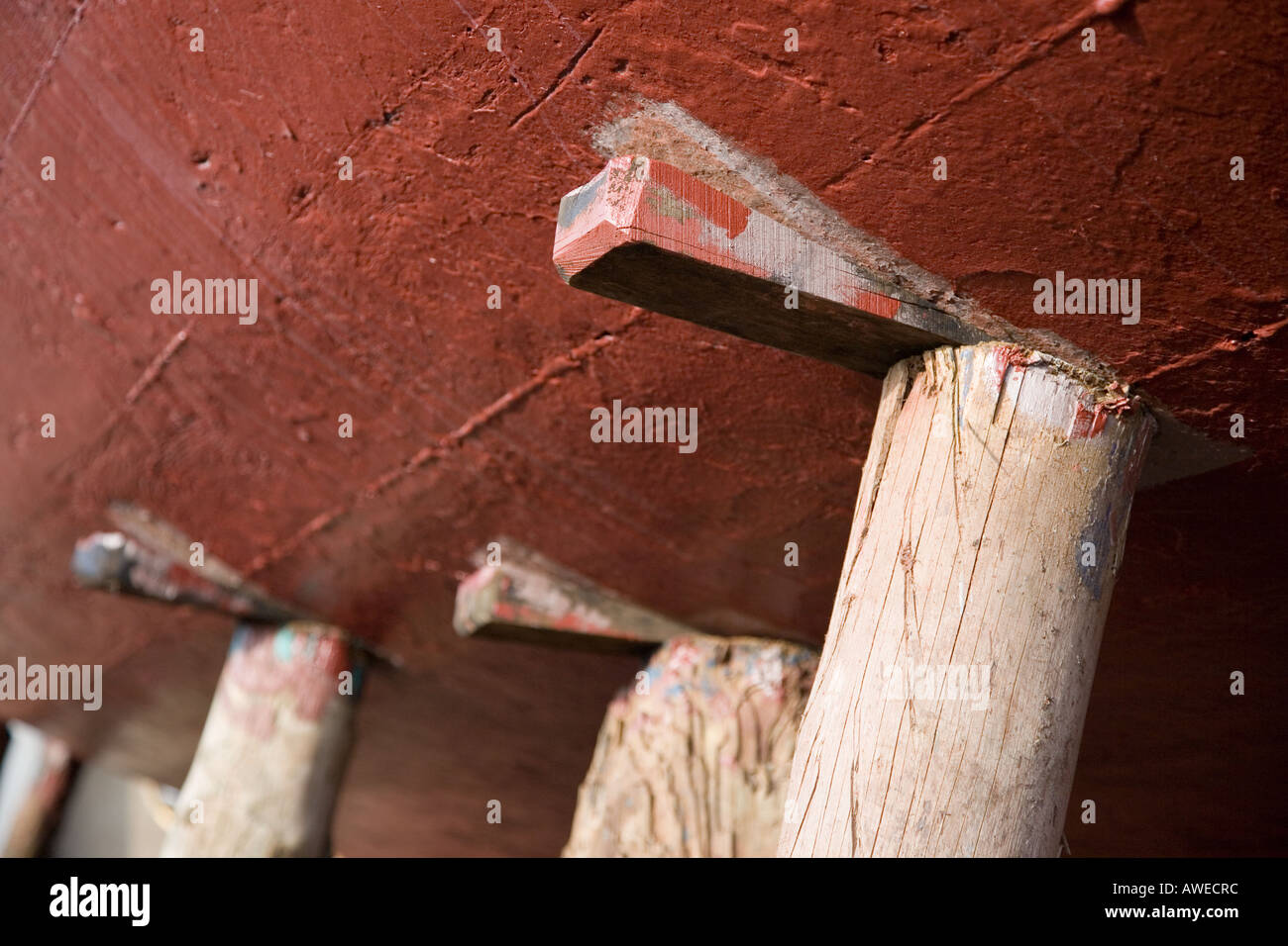 Wooden posts & wedges, under the keel, used in ship building yard to