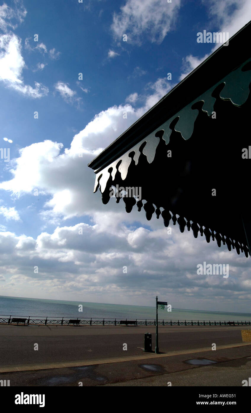 Ornately carved detail on the roof of a Victorian shelter on the promenade at Hove Stock Photo