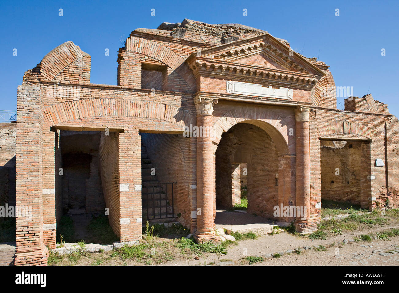 Front view of the Horrea Epagathiana granary at Ostia Antica archaeological site, Rome, Italy, Europe Stock Photo