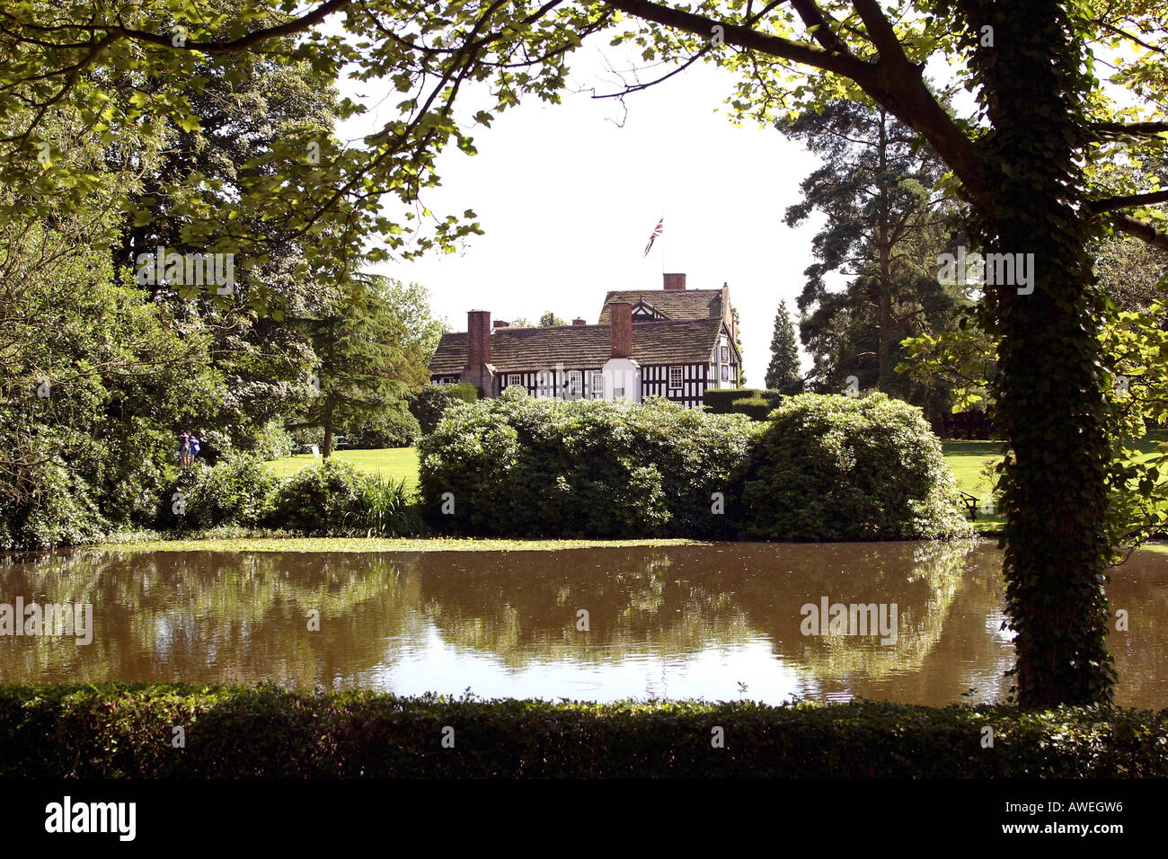 England Cheshire Gawsworth Old Hall across the lake Stock Photo Alamy