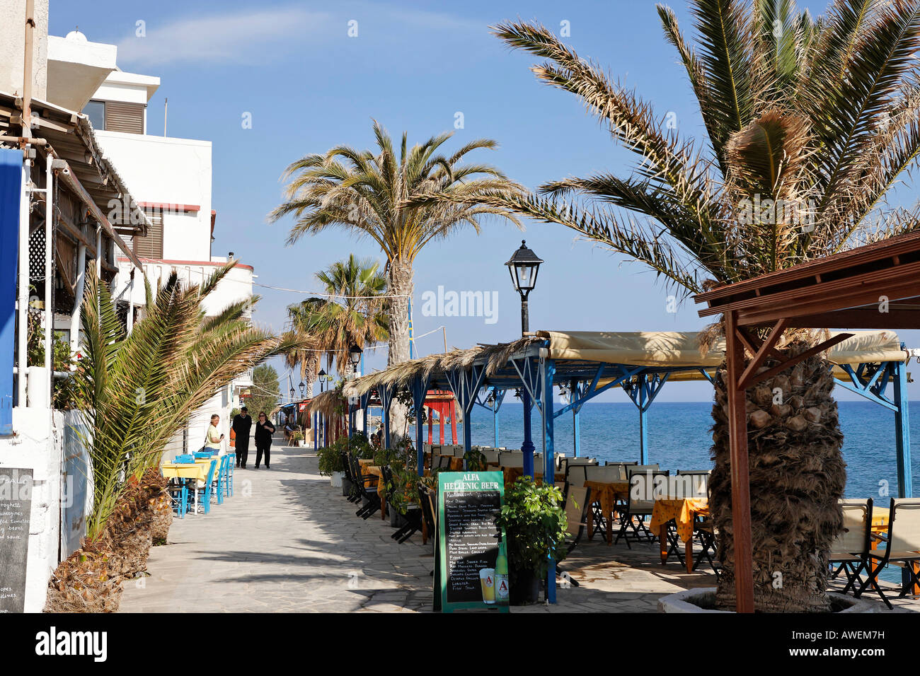 Café along the beach promenade in Myrtos, Crete, Greece, Europe Stock