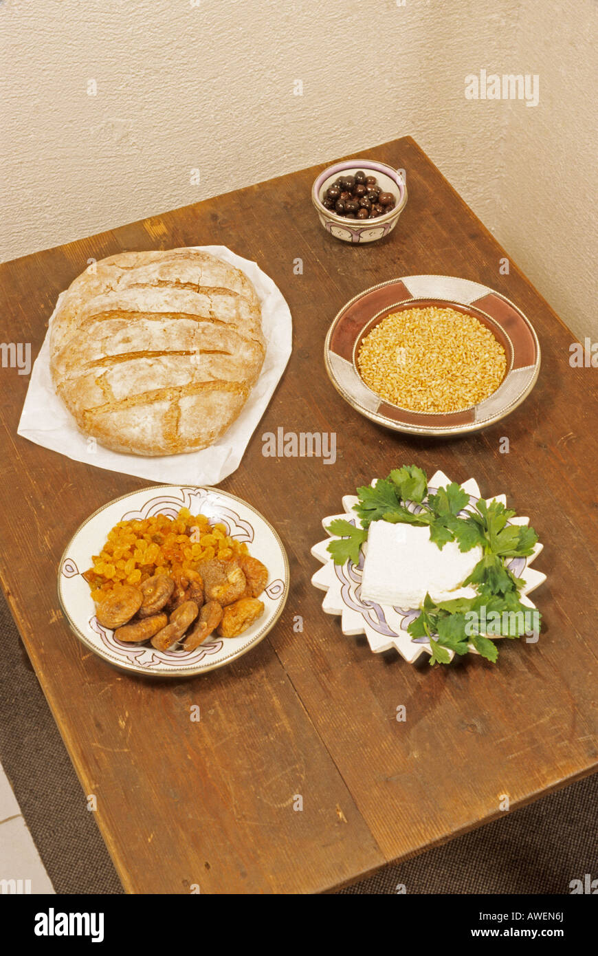 French Tunisian food droi fruit bread cheese olives Paris France Stock Photo