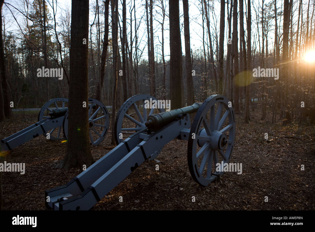 Revolutionary War artillery cannons sit in the woods of Guilford Courthouse National Military Park, near Greensboro, NC Stock Photo
