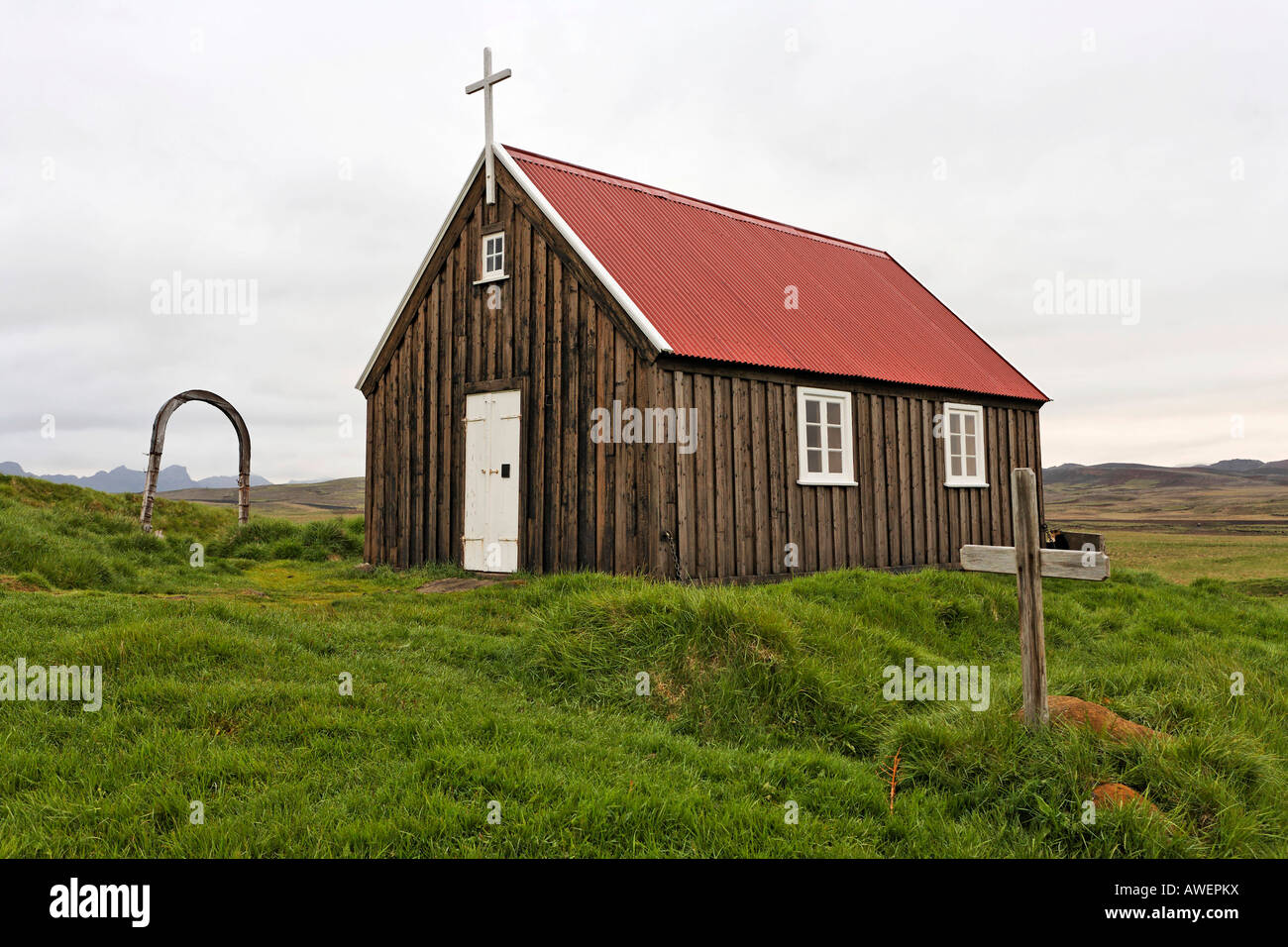 Church at Krysuvik, Iceland, Atlantic Ocean Stock Photo