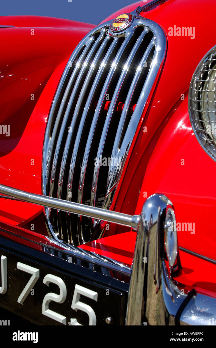 Close up of front bonnet grill headlights bumper and number plate of classic Jaguar XK 140 in bright red Stock Photo