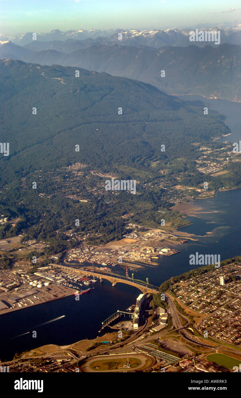 Aerial view of Burrard Inlet and Indian Arm in East Vancouver, British Columbia, Canada. Stock Photo