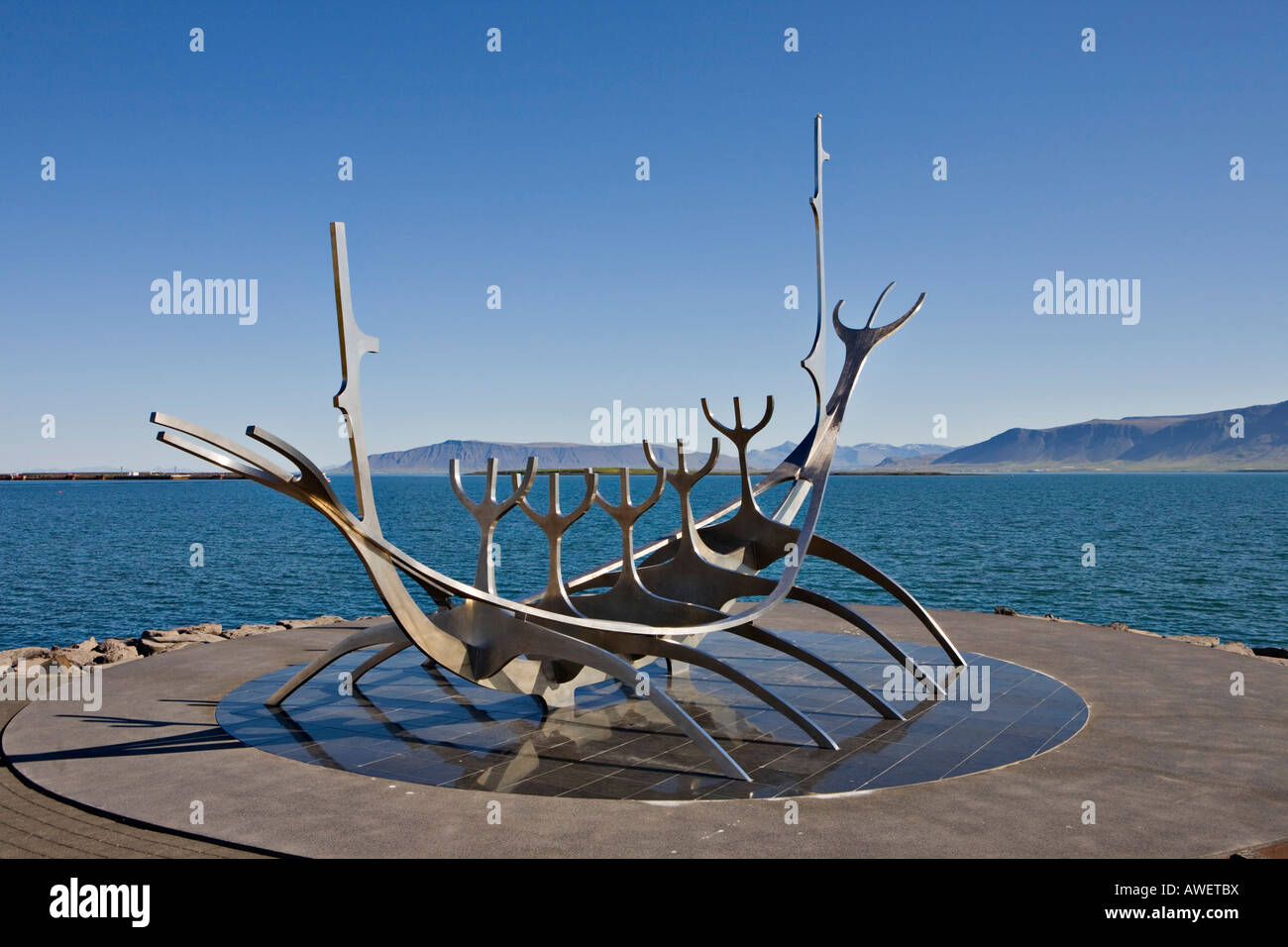 Modern sculpture made of steel resembling a viking ship (Sólfari) in Reykjavik, Iceland, Atlantic Ocean Stock Photo