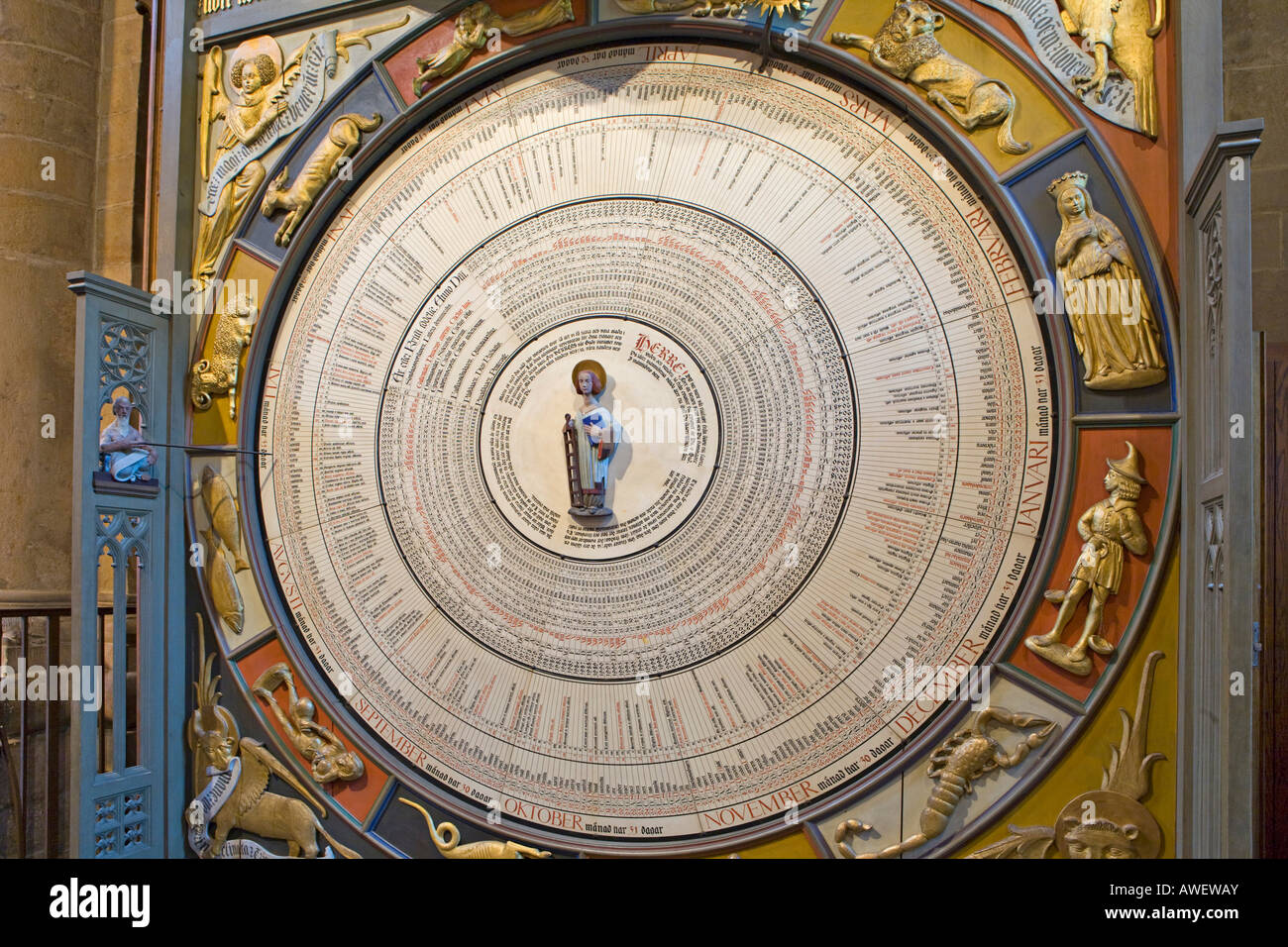 Astronomical clock with zodiac signs (Horologium Mirabile Lundense, fourteenth century) at Lund Cathedral (twelfth century), Lu Stock Photo