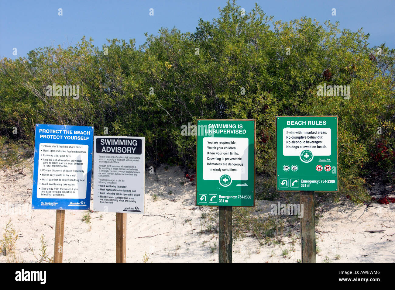 Swimming and beach safety signs at Grand Beach on Lake Winnipeg