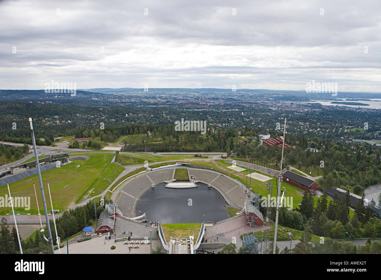 View from the top of Holmenkollen Ski Jump, Holmenkollen, Oslo, Norway, Scandinavia, Europe Stock Photo