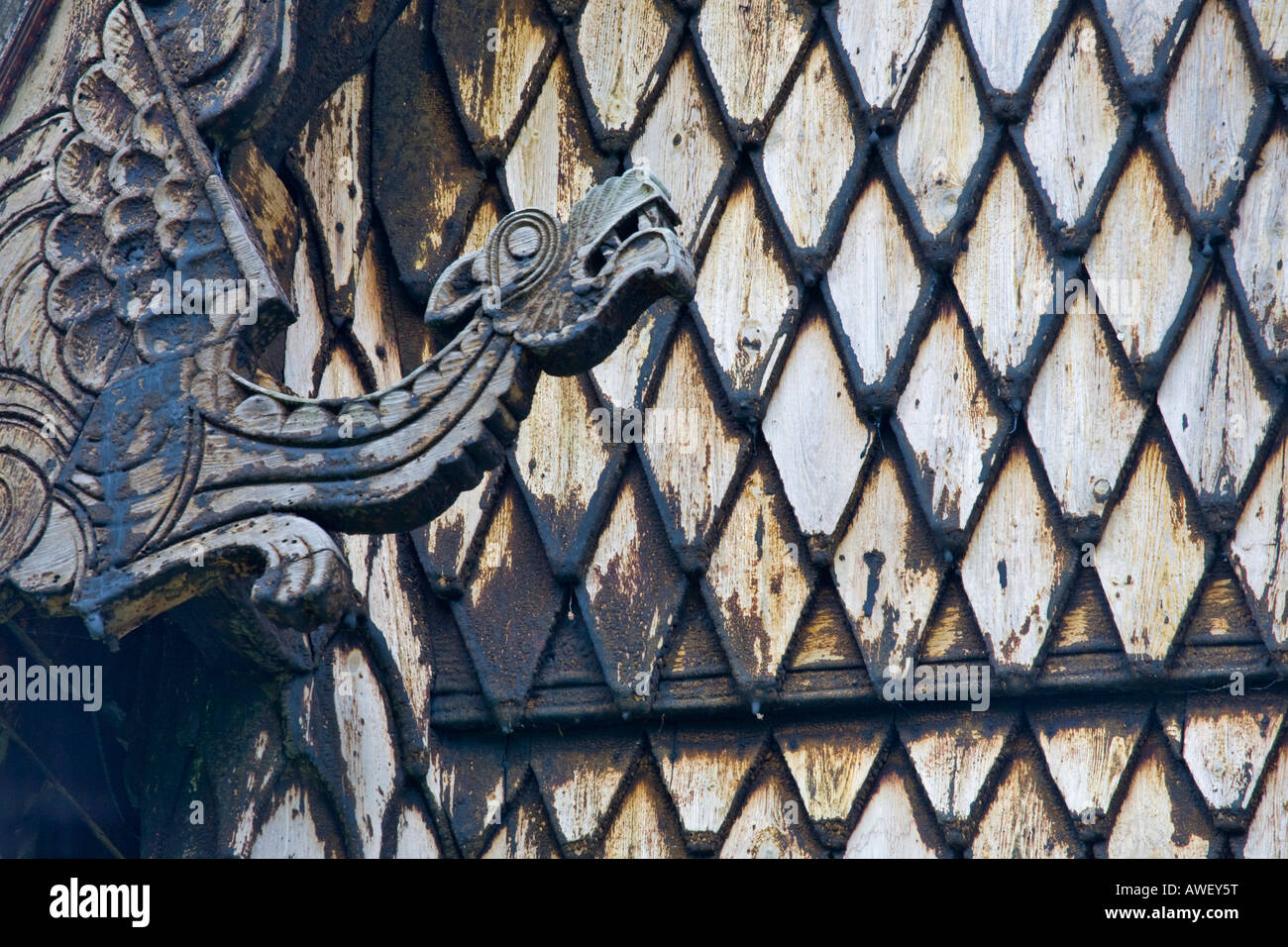 Dragon and shingles at Hopperstad stave church (ca. 1130), Norway, Scandinavia, Europe Stock Photo