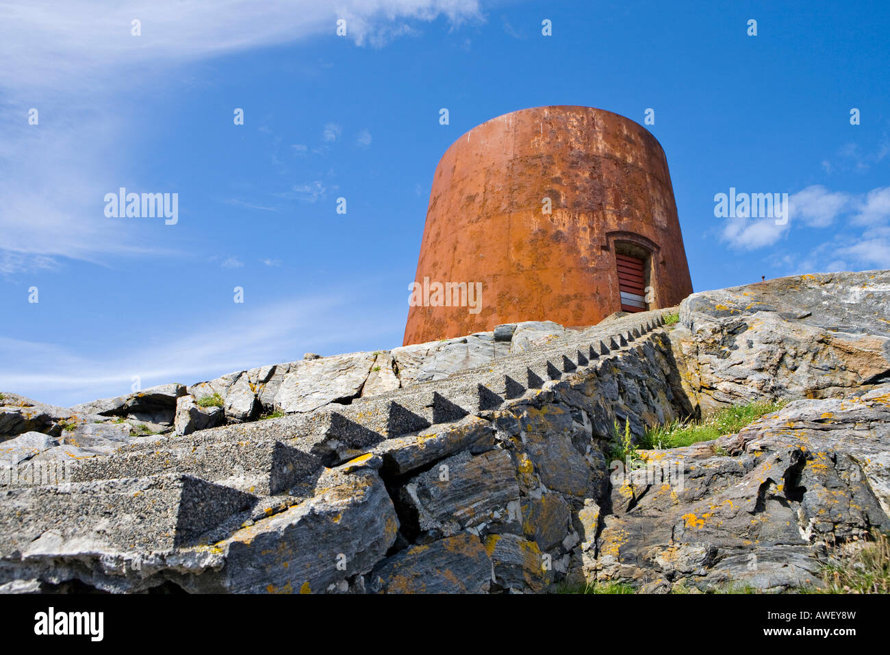 Rusty remains of an old lighthouse, Runde Island, Norway, Scandinavia, Europe Stock Photo