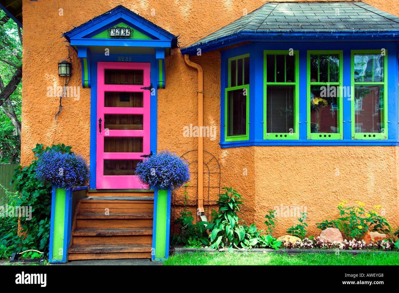 Colorful home exterior decor in Regina Saskatchewan Canada Stock Photo