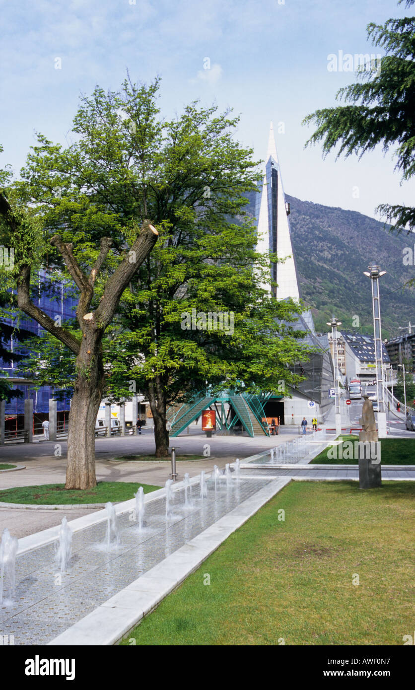 City square scene near Caldea Thermal center in Andorra la Vella Andorra Stock Photo