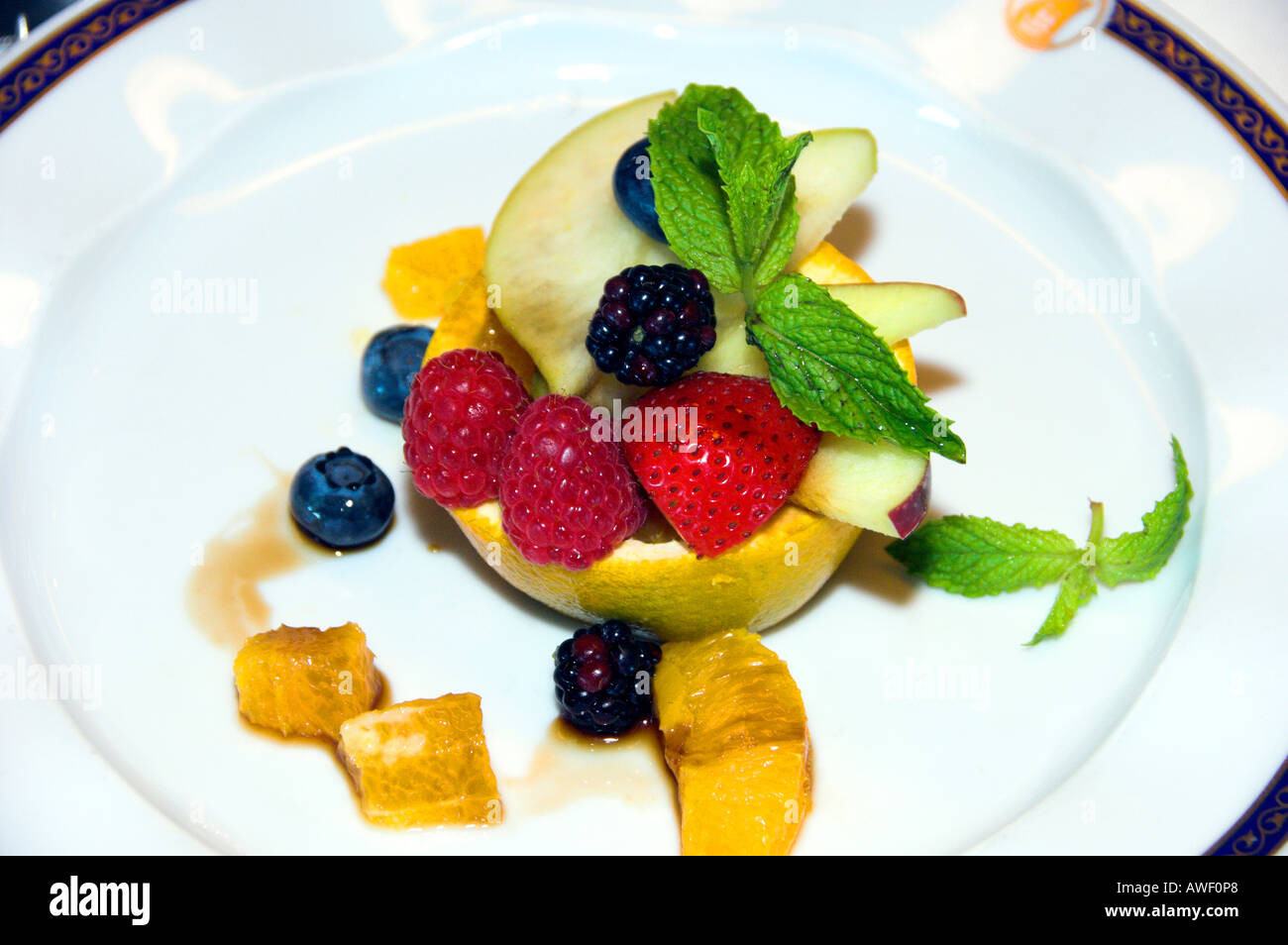 A fresh fruit plate attractively presented as a dessert on the Holland