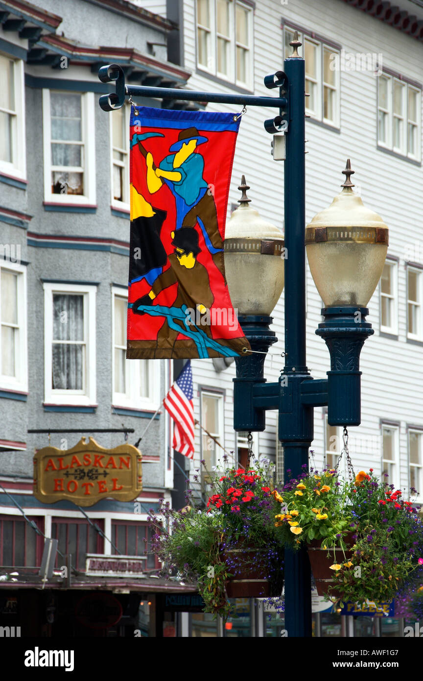 Colorful banners and flags adorn the streets of Juneau Alaska USA Stock Photo