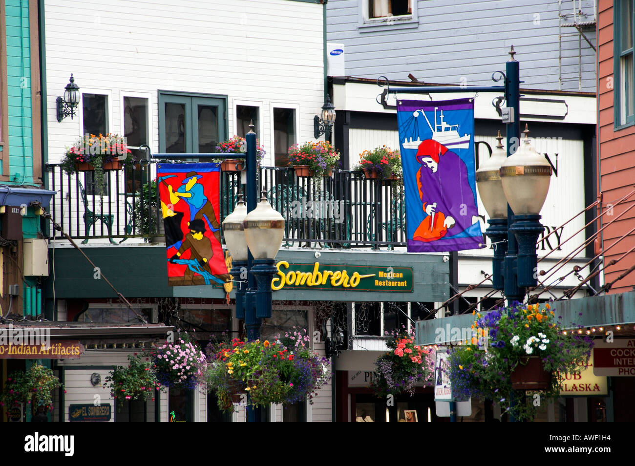Colorful banners and flags adorn the streets of Juneau Alaska USA Stock Photo