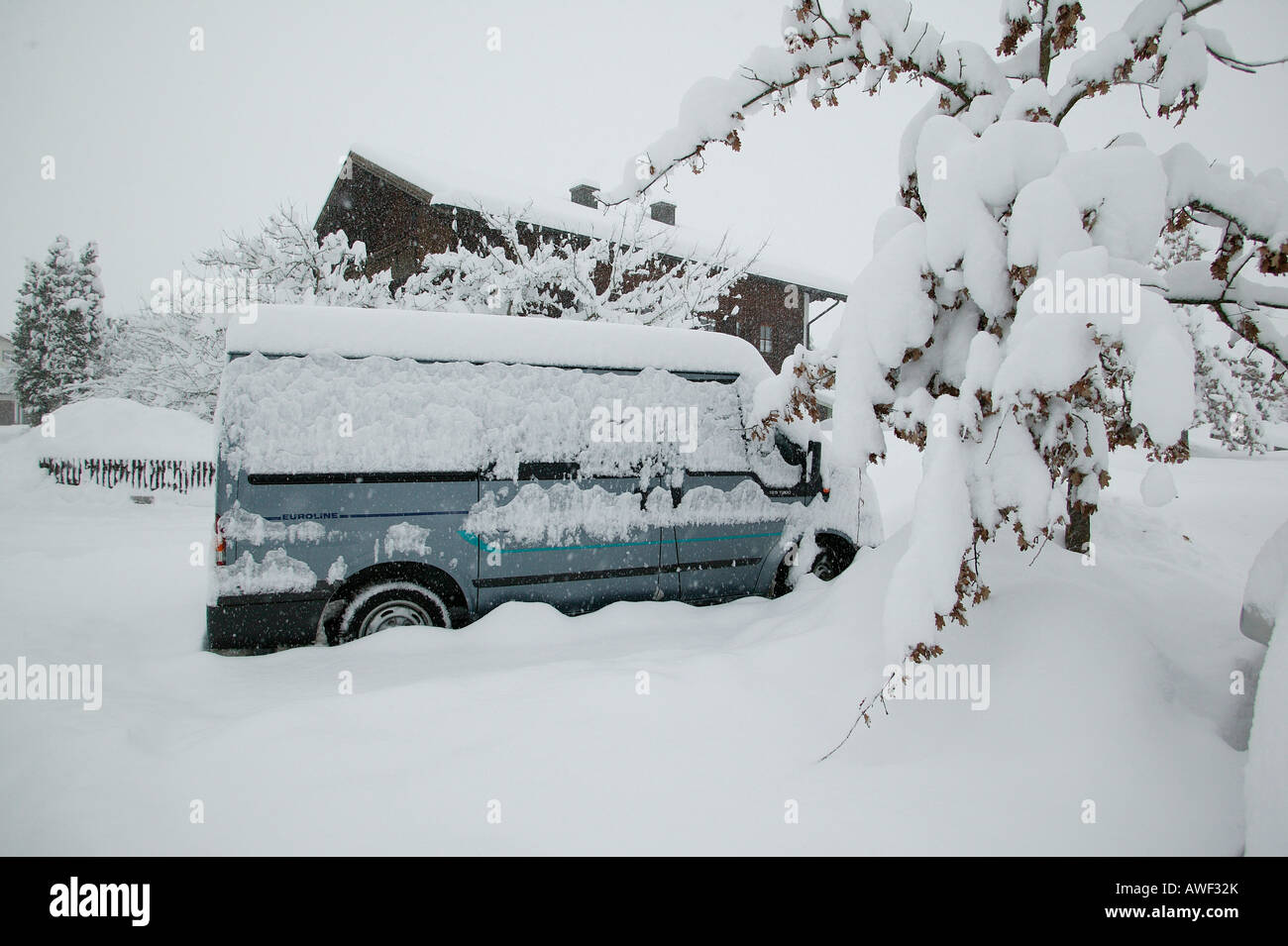 Snowed-in car, Upper Bavaria, Bavaria, Germany, Europe Stock Photo