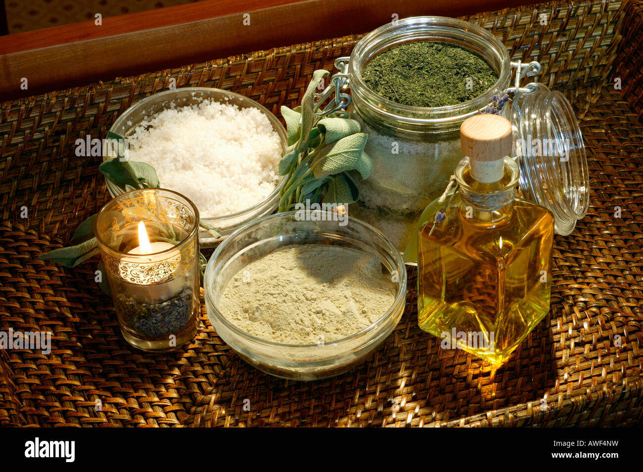 Sage, herbs, salt and oil Stock Photo