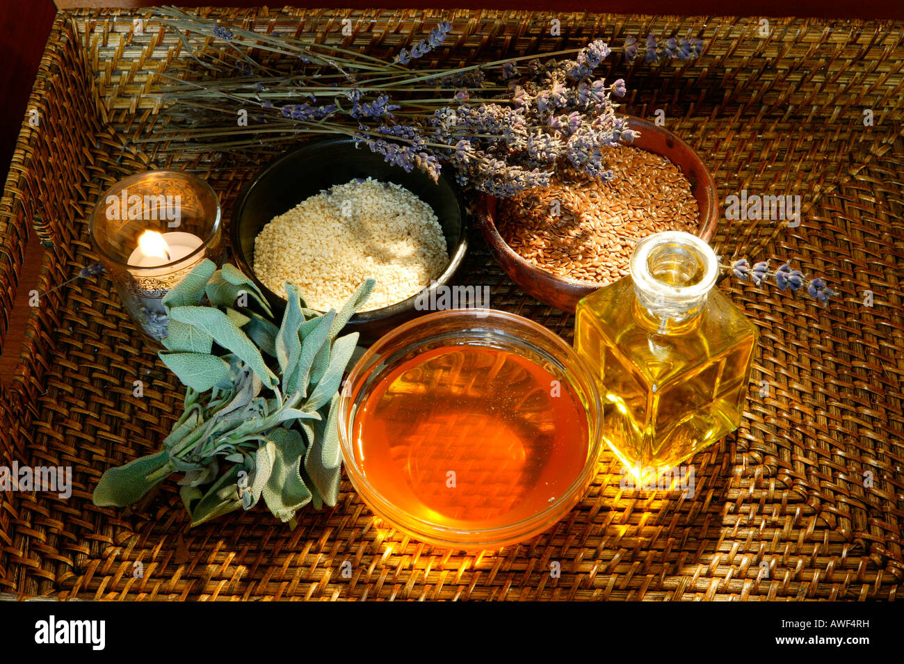 Lavender, sage, honey, salt and oil Stock Photo