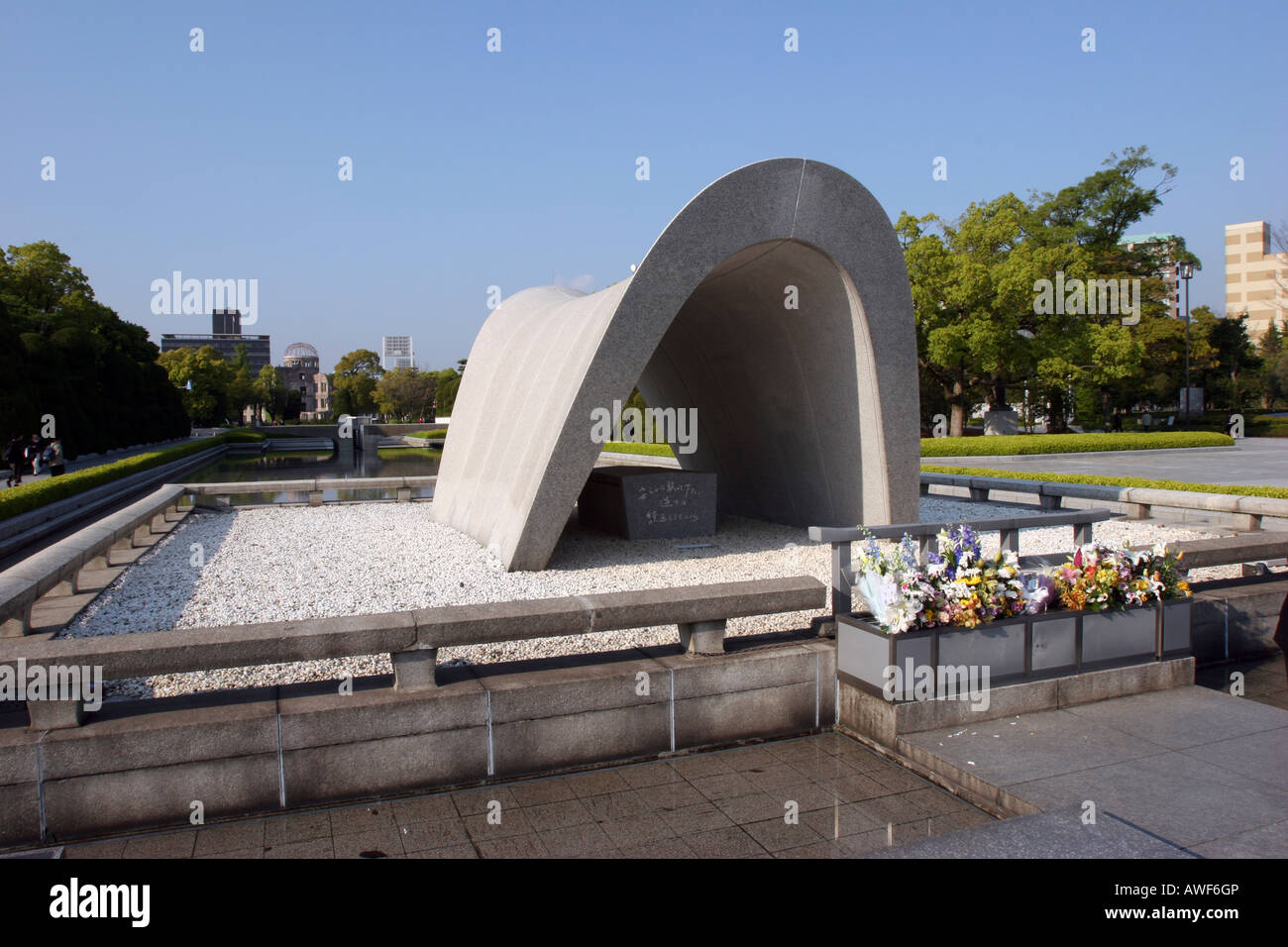 A view on the Cenotaph in the Peace Memorial Park built to remember the thousands of victims killed by first atomic bomb. Stock Photo