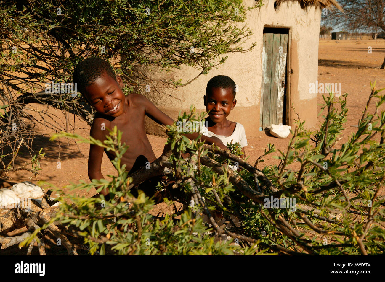Two boys playing with a branch, Cattlepost Bothatogo, Botswana, Africa Stock Photo