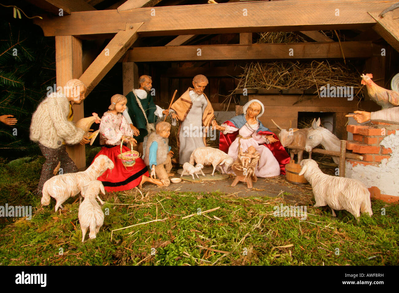 Country-style nativity scene, Rott am Inn, Upper Bavaria, Bavaria, Germany, Europe Stock Photo