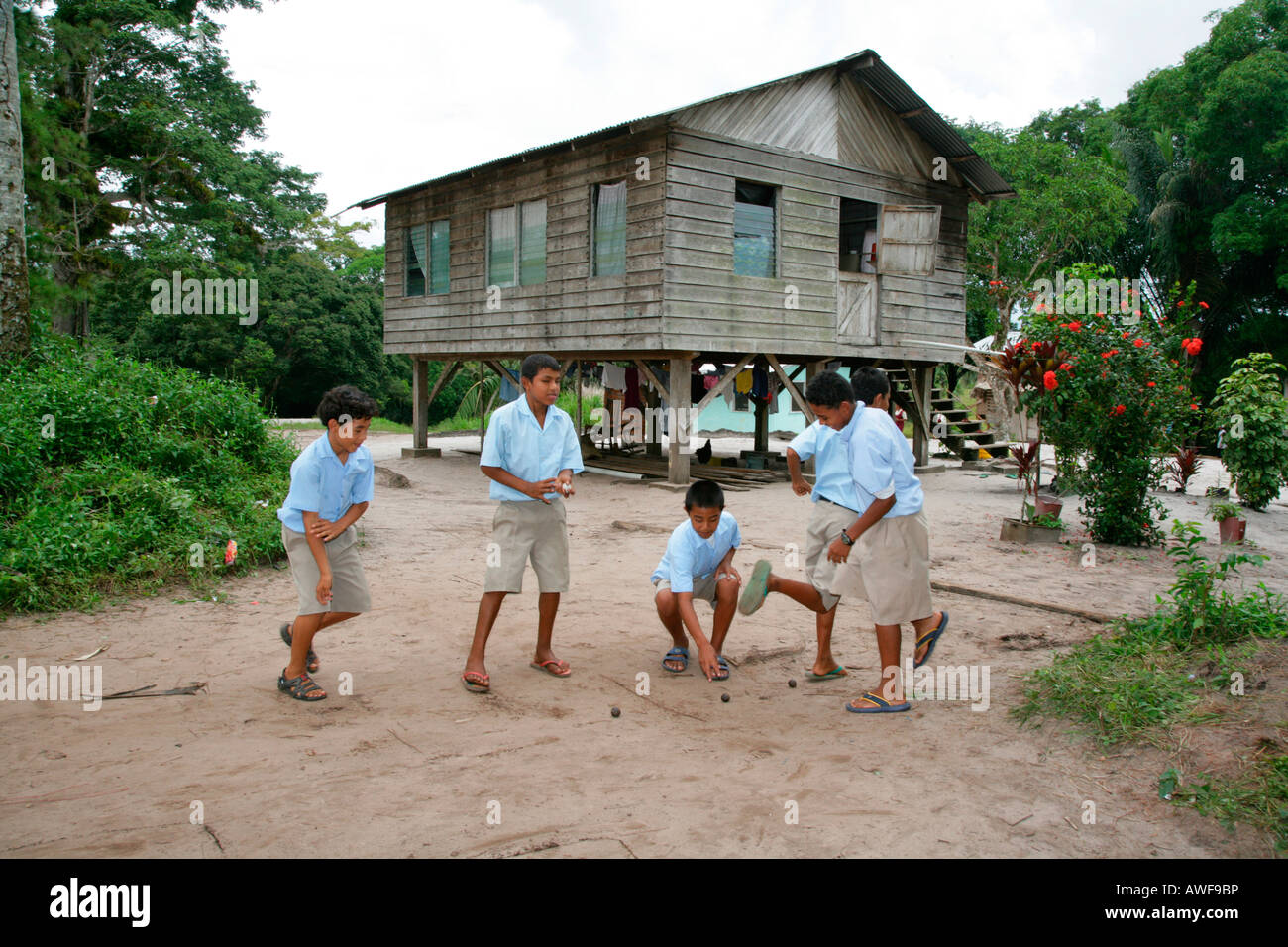 Schoolchildren playing during recess, Arawak natives, Santa Mission, Guyana, South America Stock Photo