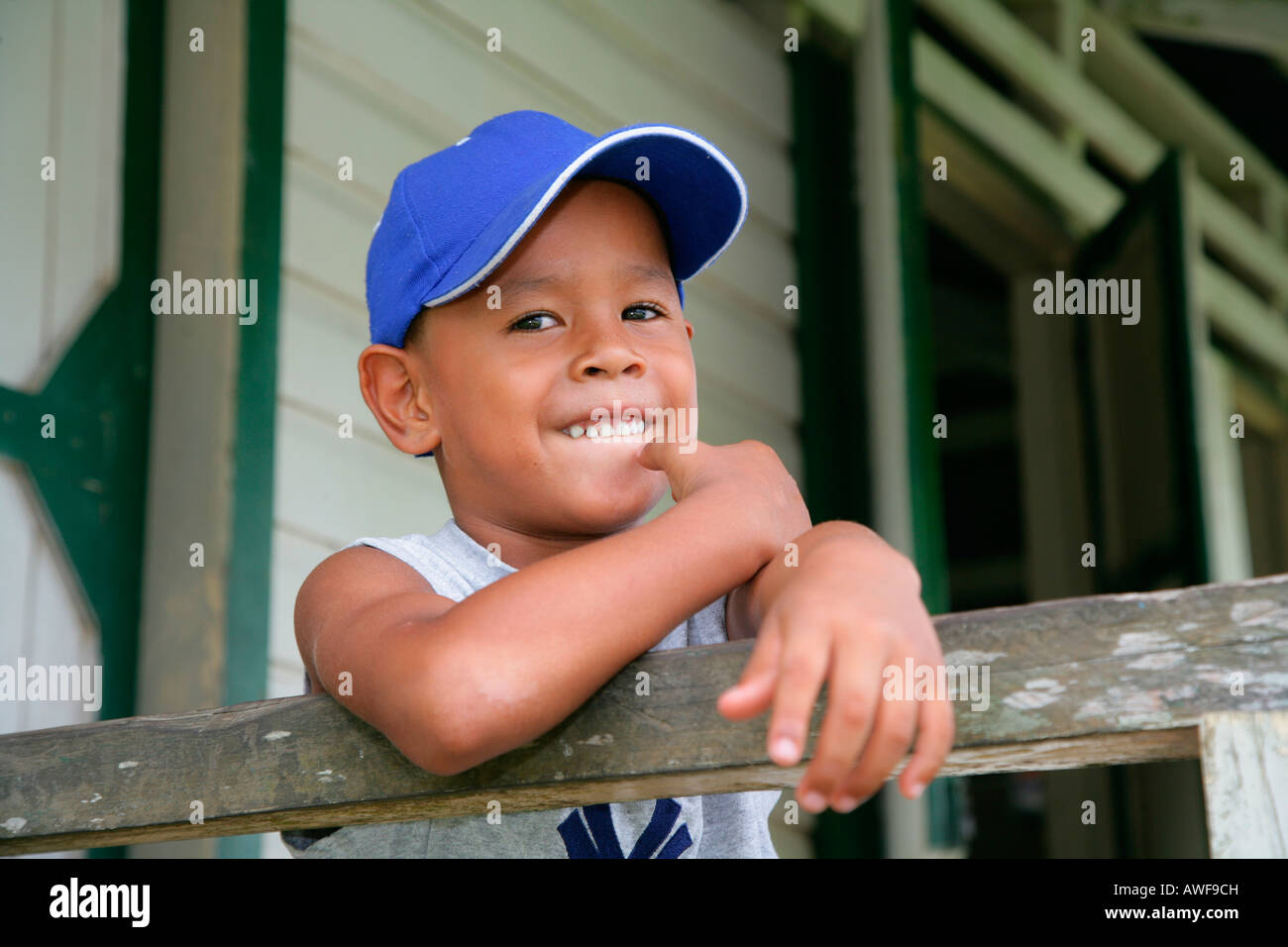 Schoolboy during recess, Arawak natives, Santa Mission, Guyana, South America Stock Photo