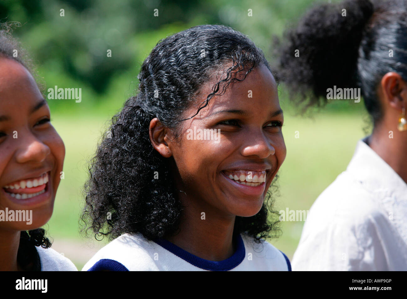 Laughing girls, Amerindians of the Arawak tribe, Santa Mission, Guyana, South America Stock Photo