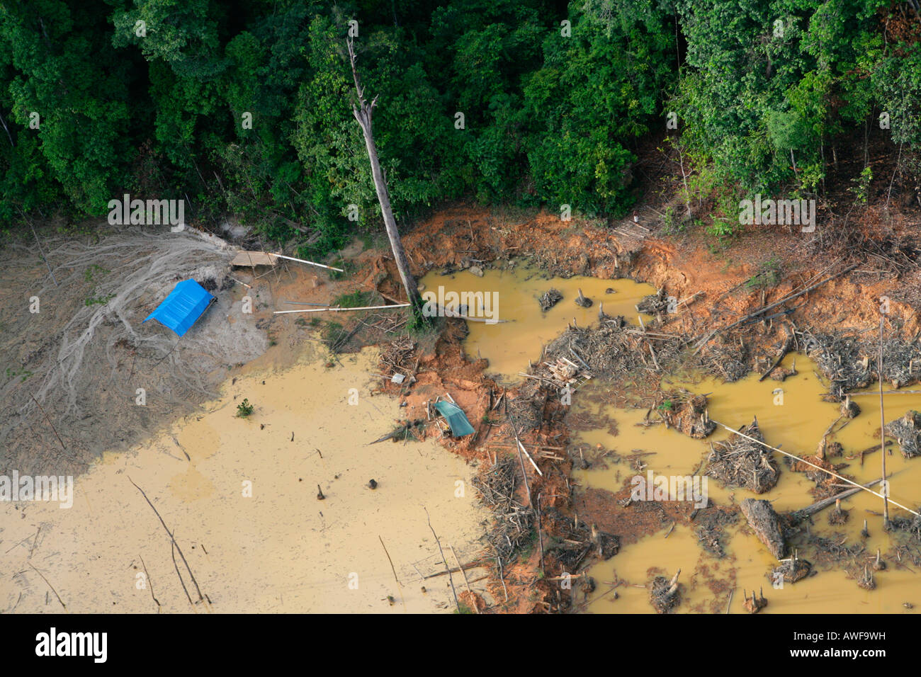 Aerial shot, silting the rainforest after mining, Guyana, South America Stock Photo