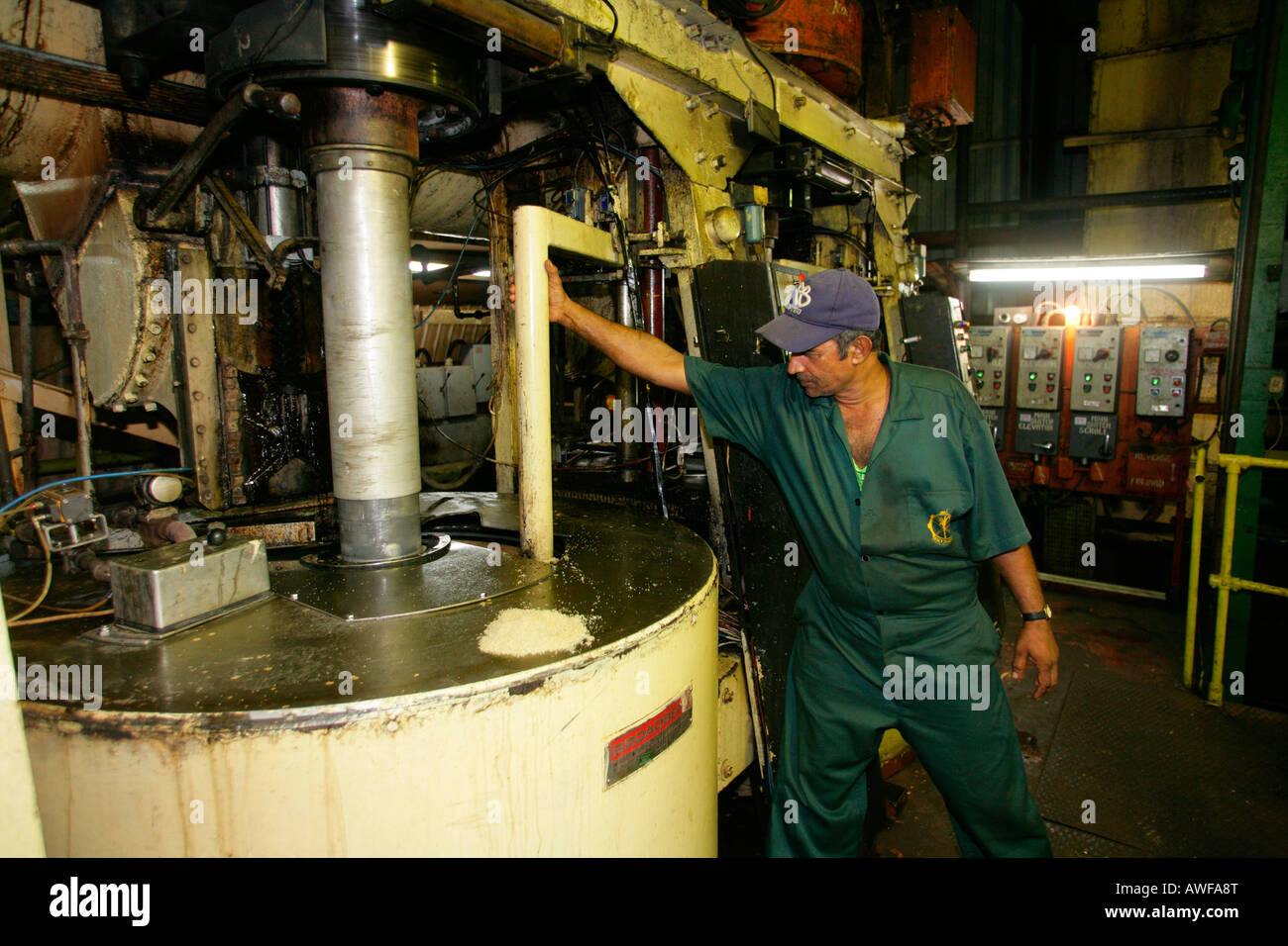 Worker checking sugar, production of "Demerara sugar" made from sugar