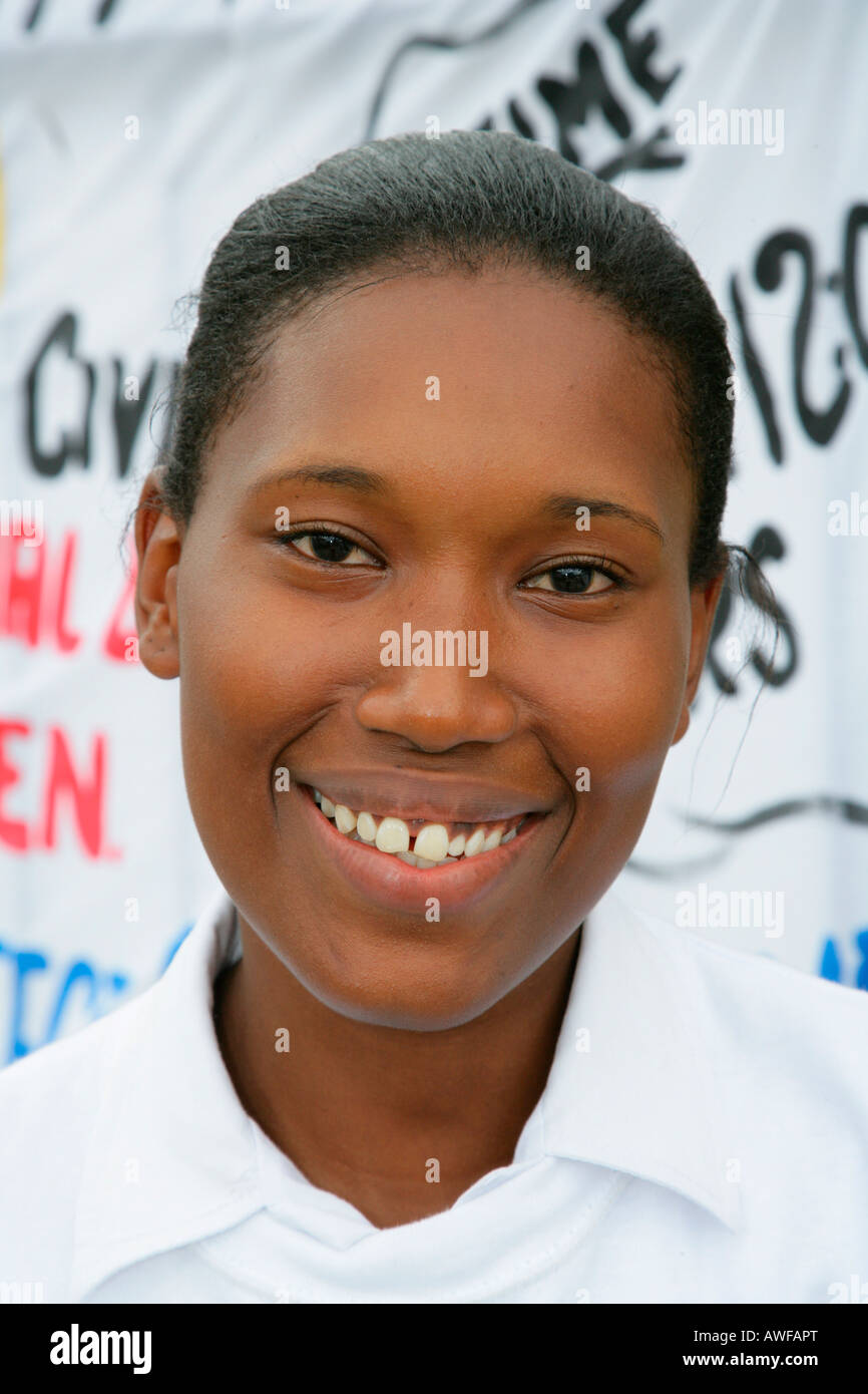 Portrait of a young woman of African ethnicity at a protest against violence against women, Georgetown, Guyana, South America Stock Photo
