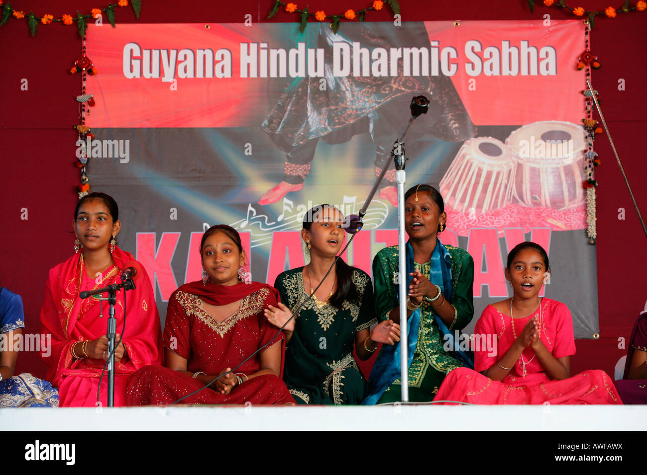 Musicians of Indian ethnicity at a Hindu Festival, Georgetown, Guyana, South America Stock Photo