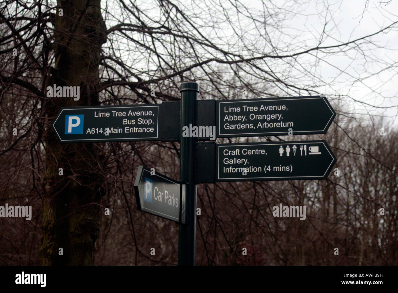 signpost Rufford Abbey Former Cistercian Abbey near Ollerton in Nottinghamshire UK Stock Photo