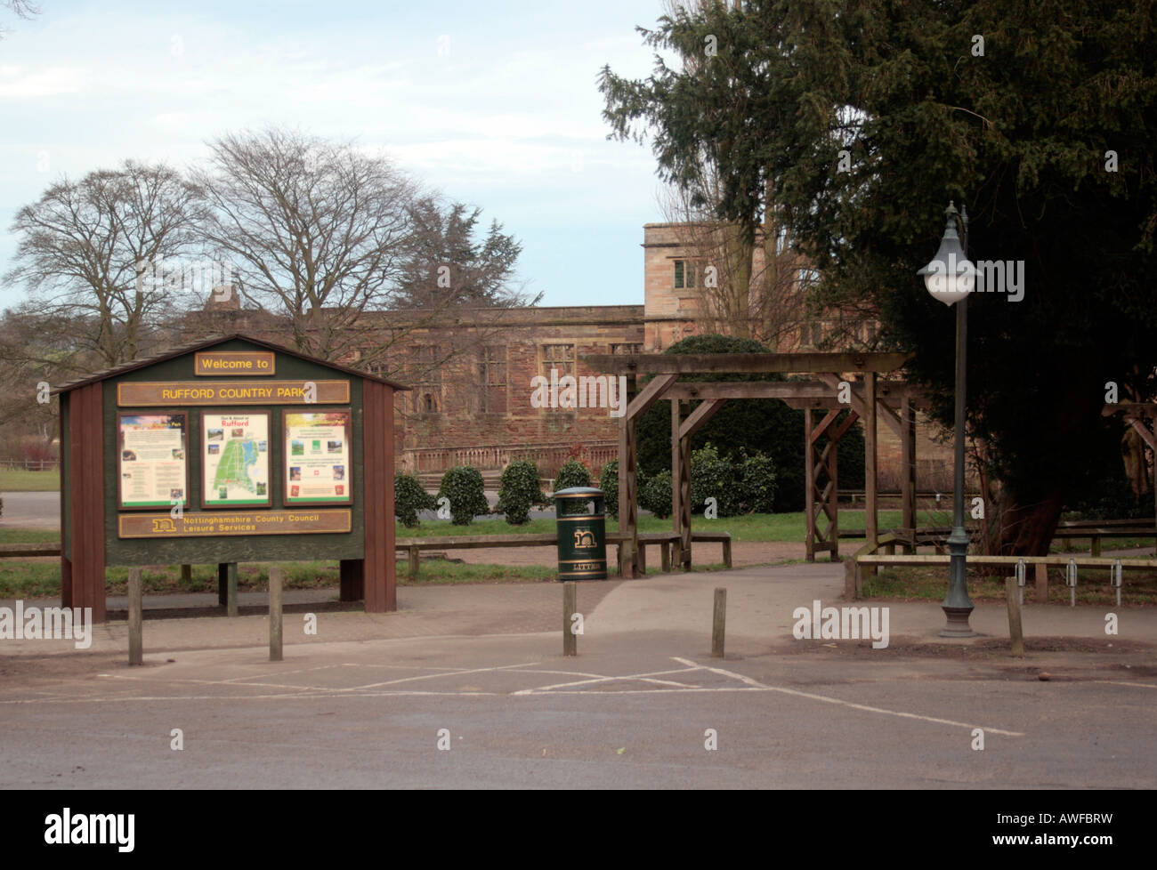 Welcome to Rufford Country Park Rufford Abbey Former Cistercian Abbey near Ollerton in Nottinghamshire UK Stock Photo