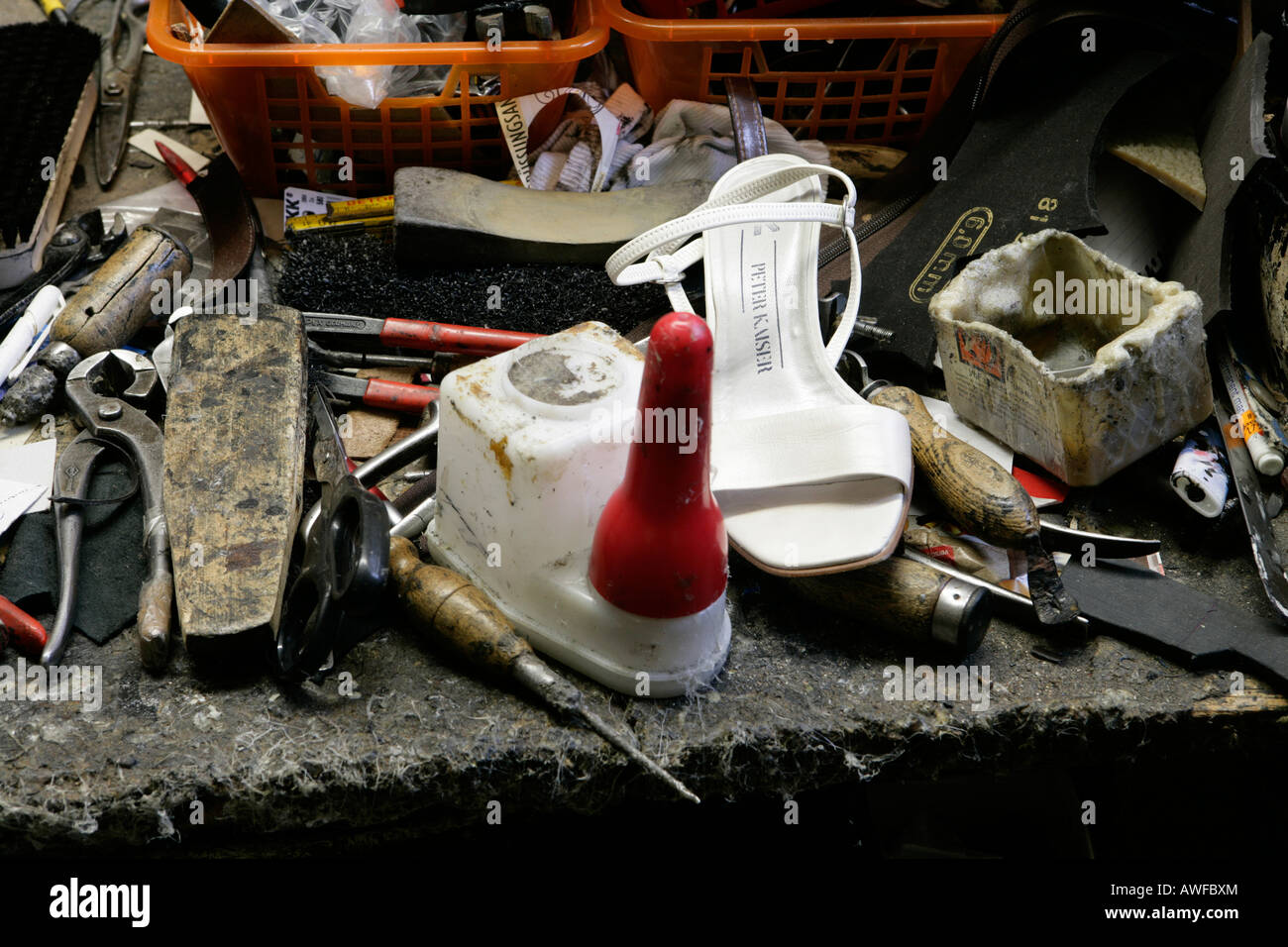 Handcraft tools at an old shoemaker's shop, Muehldorf, Upper Bavaria, Bavaria, Germany, Europe Stock Photo