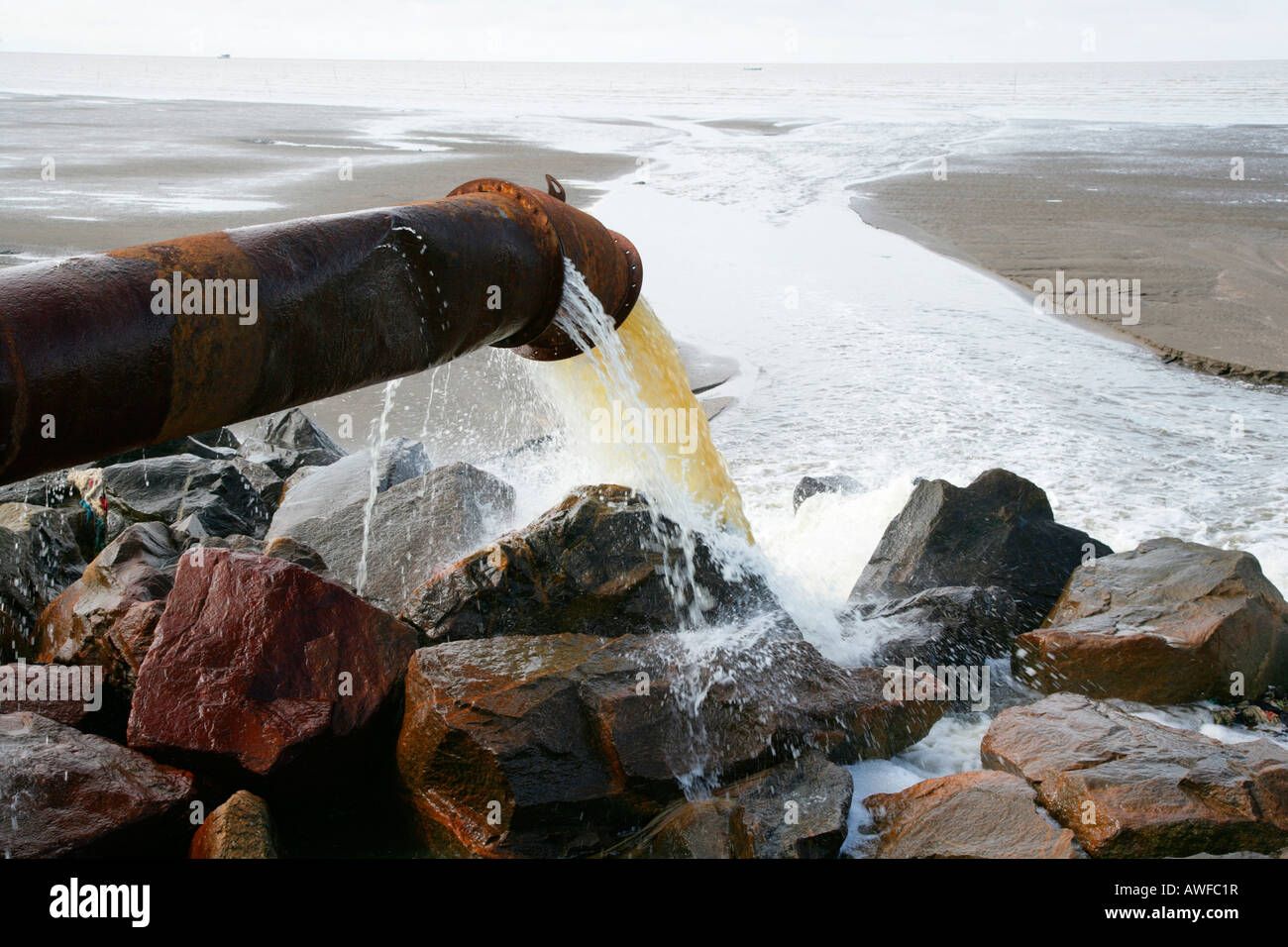 Untreated sewage being pumped into the ocean in Georgetown, Guyana, South America Stock Photo